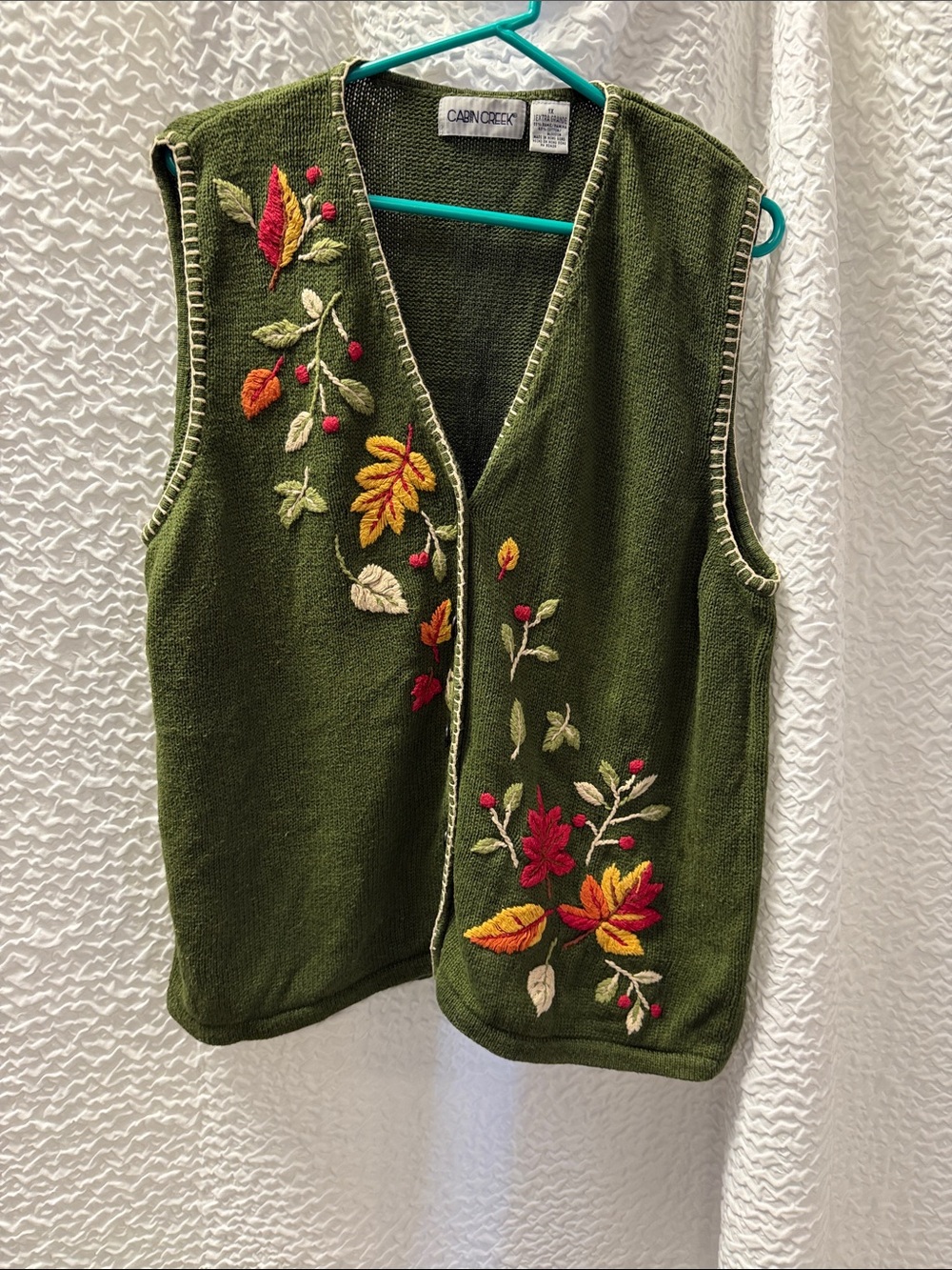 Vintage 90s Cabin Creek Olive Green Floral Embroidered V-Neck Vest